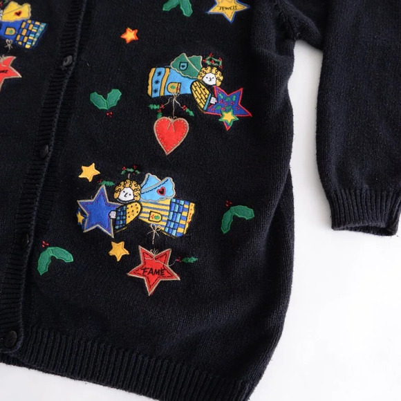 Vintage The Quacker Factory Black Embroidered Angels Cardigan Knit  Sweater M - Picture 6 of 12